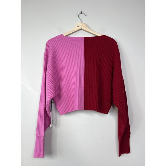 NWT Amur Cruz Twist Cropped V-Neck Cranberry Red & Pink Ribbed Sweater - Picture 7 of 8